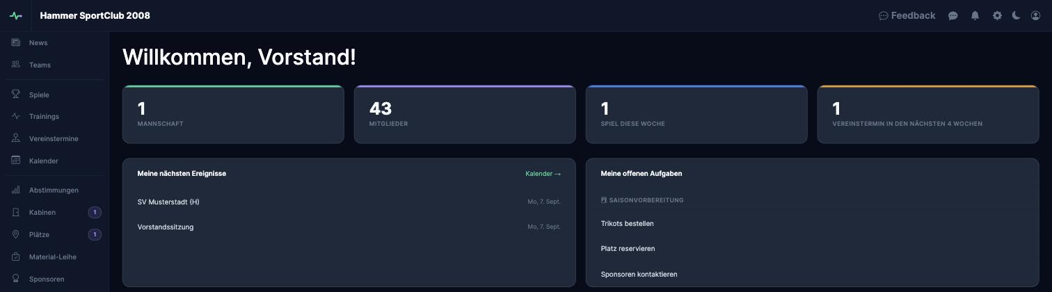 Vereins-Dashboard in Vereinstakt mit Kennzahlen zu Mannschaften, Terminen und Mitgliedern